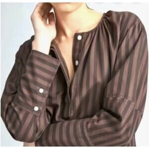 Everlane The Silky Cotton Balloon Sleeve Top Blouse Sz 4 Brown Striped Relaxed
